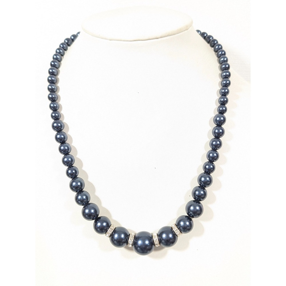 Elegant Gray Faux Pearl Rhinestone Graduated Bead Necklace Retro 20 in